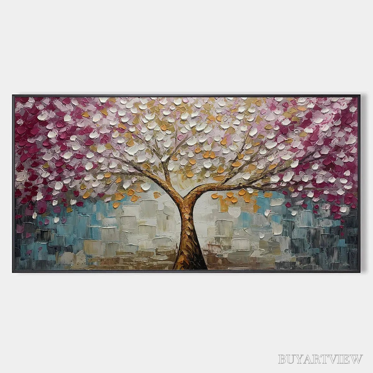 BUYARTVIEW Cherry Blossom Dream – Panoramic Textured Impasto Painting of a Cherry Blossom Tree, Modern , Pink and Gold - image 1