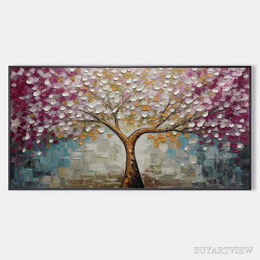 BUYARTVIEW Cherry Blossom Dream – Panoramic Textured Impasto Painting of a Cherry Blossom Tree, Modern , Pink and Gold - image 1