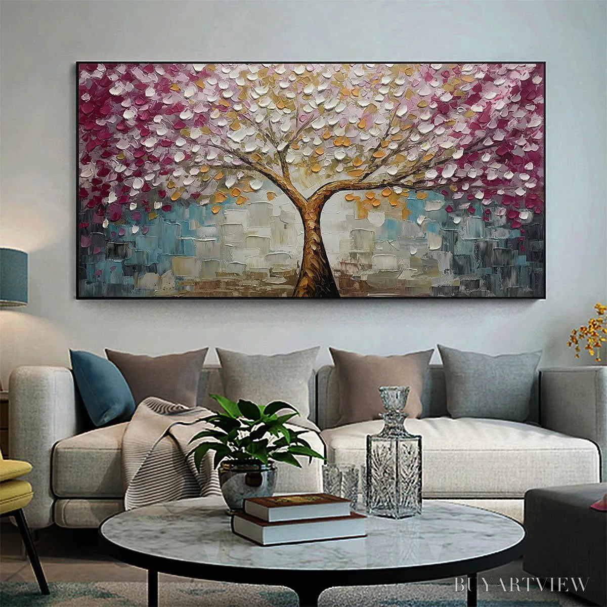 BUYARTVIEW Cherry Blossom Dream – Panoramic Textured Impasto Painting of a Cherry Blossom Tree, Modern , Pink and Gold - image 2