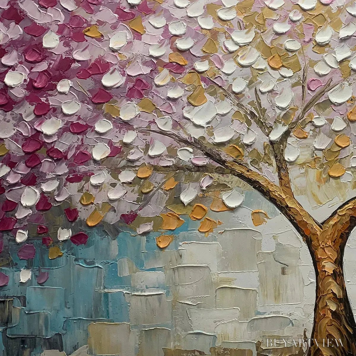 BUYARTVIEW Cherry Blossom Dream – Panoramic Textured Impasto Painting of a Cherry Blossom Tree, Modern , Pink and Gold - image 3