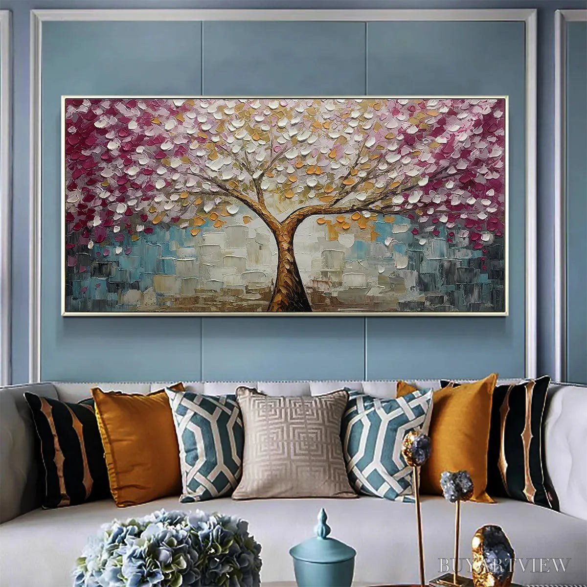 BUYARTVIEW Cherry Blossom Dream – Panoramic Textured Impasto Painting of a Cherry Blossom Tree, Modern , Pink and Gold - image 4