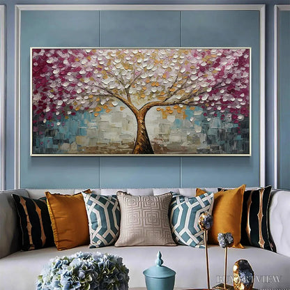 BUYARTVIEW Cherry Blossom Dream – Panoramic Textured Impasto Painting of a Cherry Blossom Tree, Modern , Pink and Gold - image 4