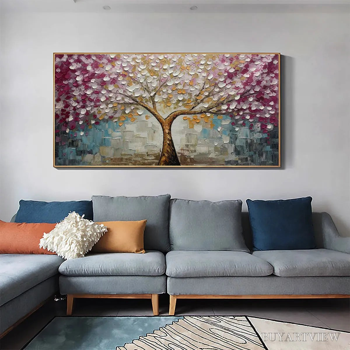 BUYARTVIEW Cherry Blossom Dream – Panoramic Textured Impasto Painting of a Cherry Blossom Tree, Modern , Pink and Gold - image 5