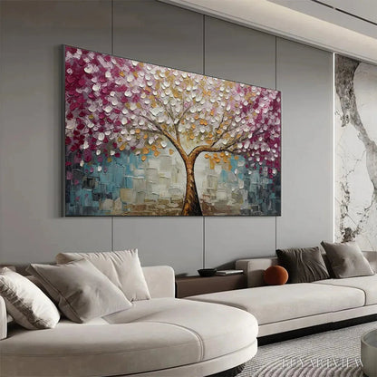 BUYARTVIEW Cherry Blossom Dream – Panoramic Textured Impasto Painting of a Cherry Blossom Tree, Modern , Pink and Gold - image 6
