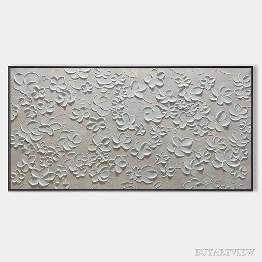 BUYARTVIEW Blanc Bloom – Textured White Floral Painting, Horizontal Canvas, Minimalist - image 1
