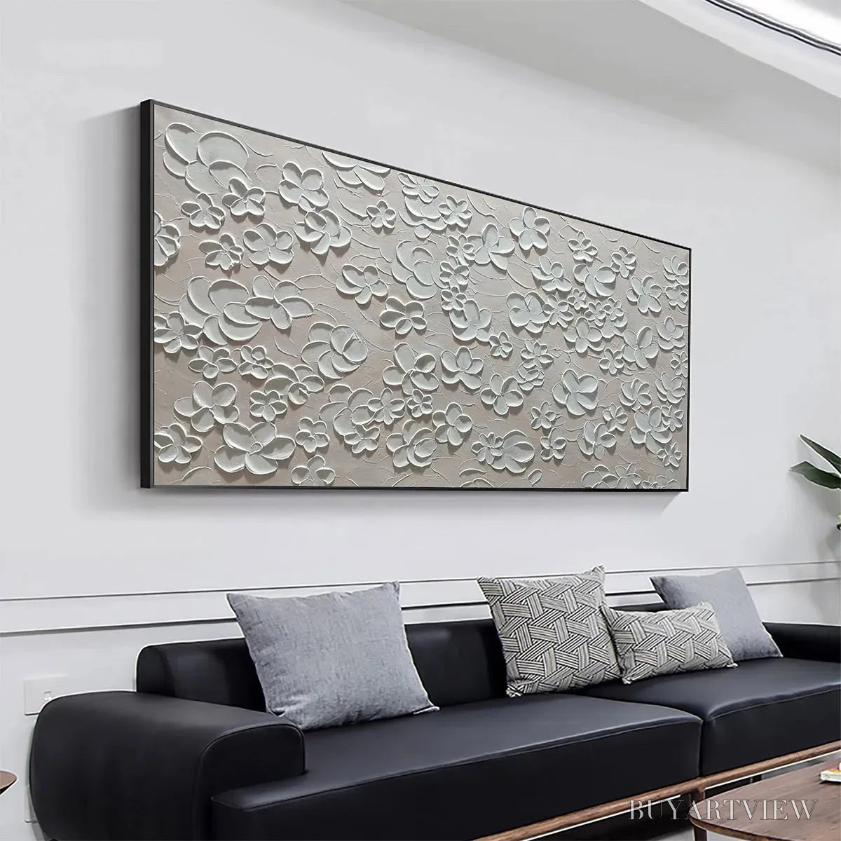 BUYARTVIEW Blanc Bloom – Textured White Floral Painting, Horizontal Canvas, Minimalist - image 2
