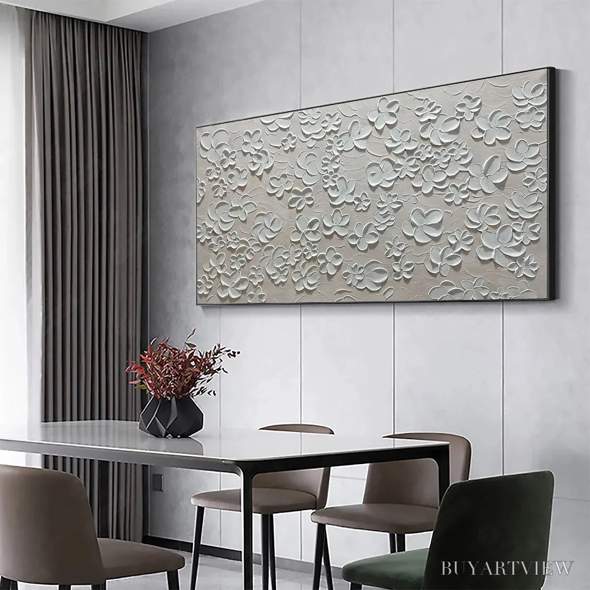 BUYARTVIEW Blanc Bloom – Textured White Floral Painting, Horizontal Canvas, Minimalist - image 4