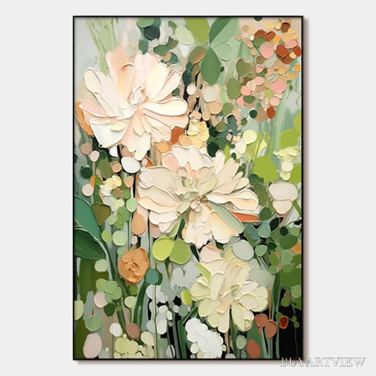 BUYARTVIEW Blushing Blooms – Textured Floral Painting, Impasto Palette Knife, Vertical Canvas, Modern Floral - image 1