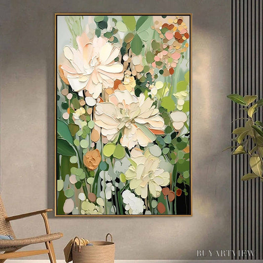 BUYARTVIEW Blushing Blooms – Textured Floral Painting, Impasto Palette Knife, Vertical Canvas, Modern Floral - image 2
