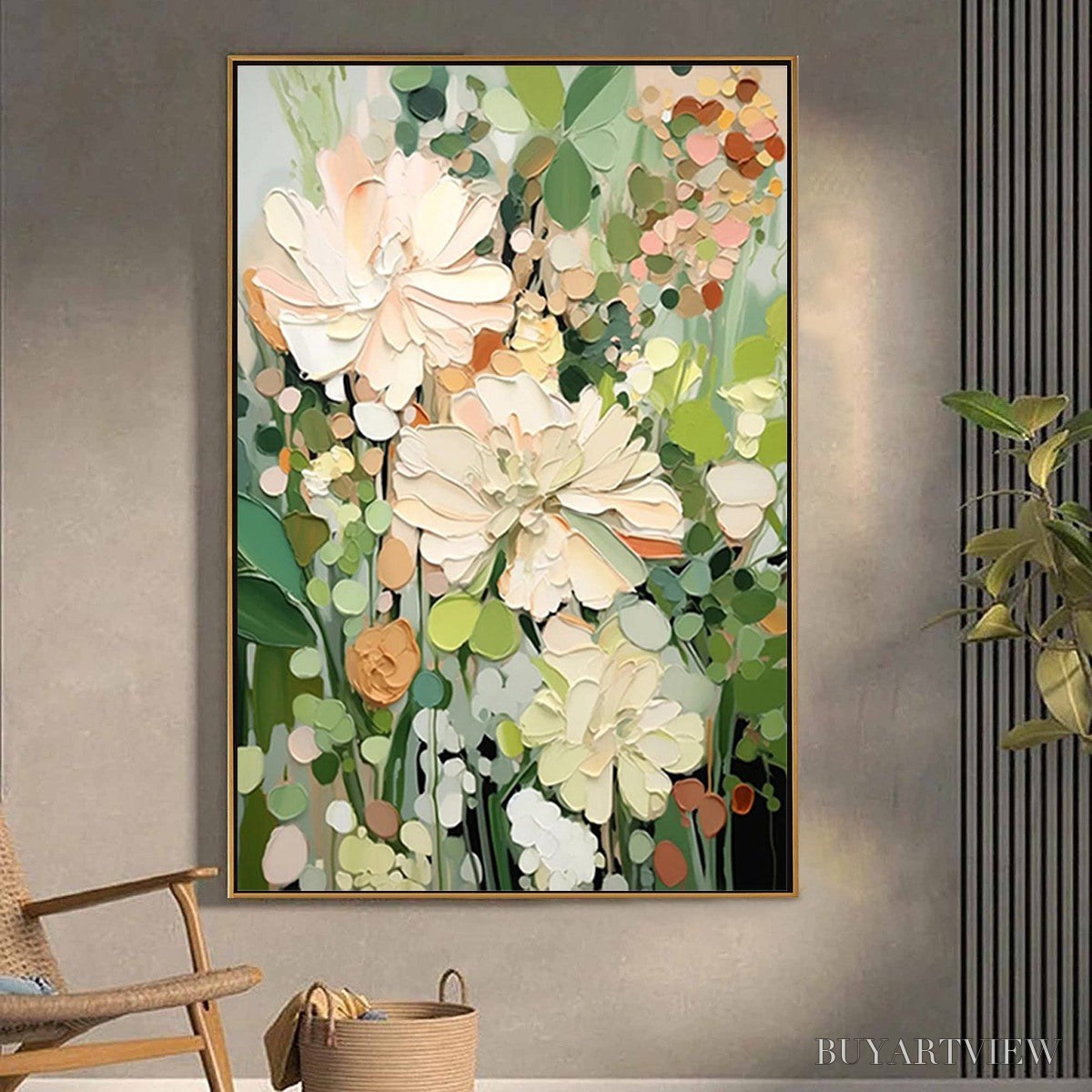BUYARTVIEW Blushing Blooms – Textured Floral Painting, Impasto Palette Knife, Vertical Canvas, Modern Floral - image 2