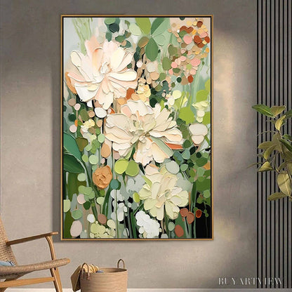 BUYARTVIEW Blushing Blooms – Textured Floral Painting, Impasto Palette Knife, Vertical Canvas, Modern Floral - image 2