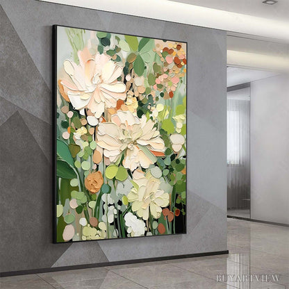 BUYARTVIEW Blushing Blooms – Textured Floral Painting, Impasto Palette Knife, Vertical Canvas, Modern Floral - image 4