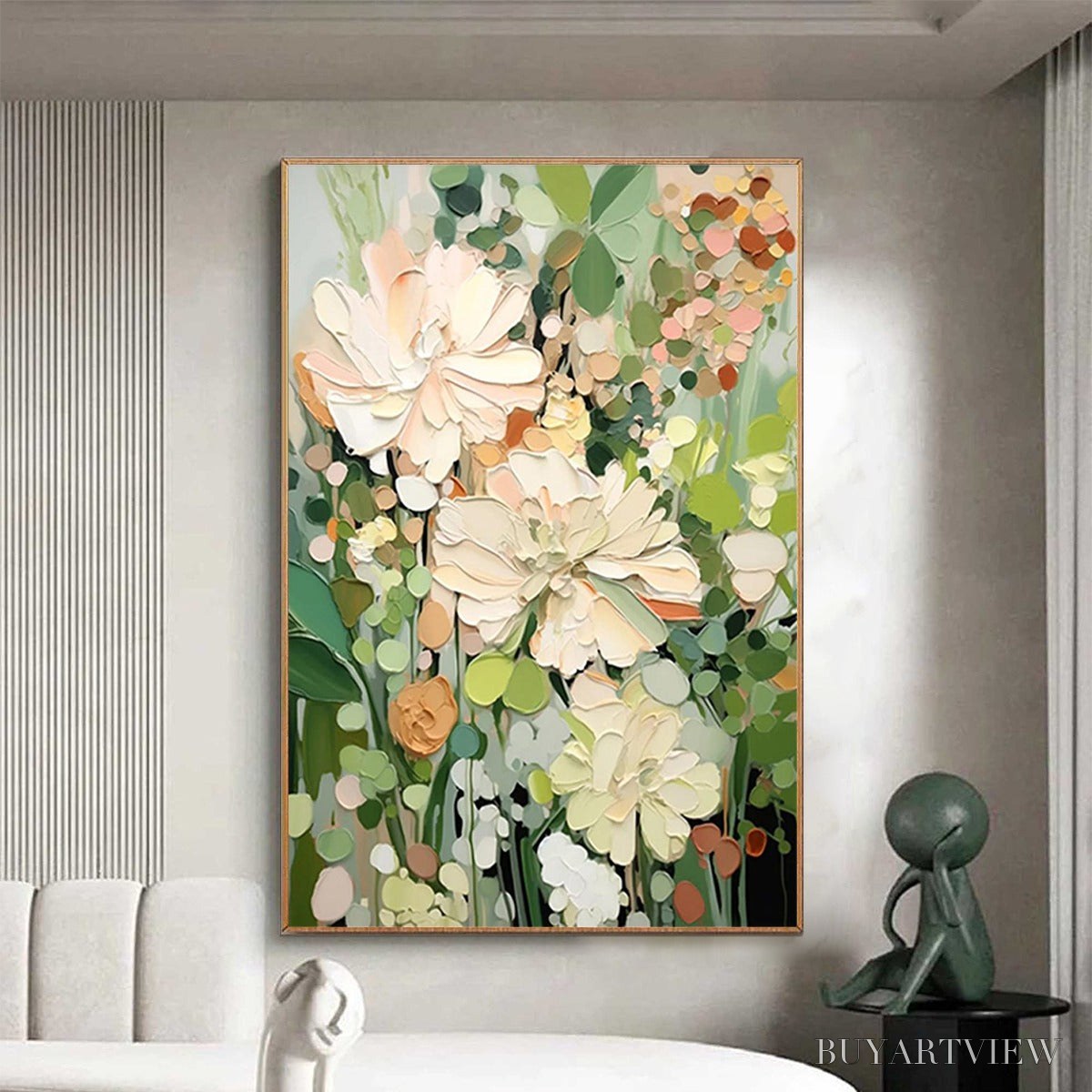 BUYARTVIEW Blushing Blooms – Textured Floral Painting, Impasto Palette Knife, Vertical Canvas, Modern Floral - image 5