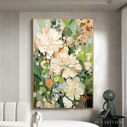 BUYARTVIEW Blushing Blooms – Textured Floral Painting, Impasto Palette Knife, Vertical Canvas, Modern Floral - image 5