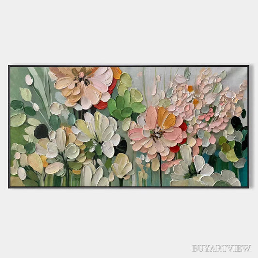 BUYARTVIEW Garden Delight – Textured Floral Painting, Impasto Palette Knife, Horizontal Canvas, Garden - image 1