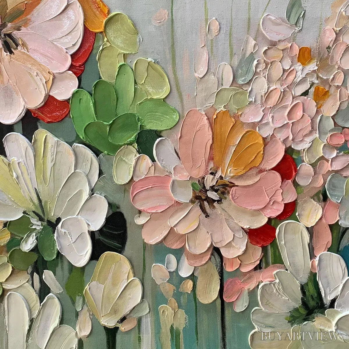 BUYARTVIEW Garden Delight – Textured Floral Painting, Impasto Palette Knife, Horizontal Canvas, Garden - image 5