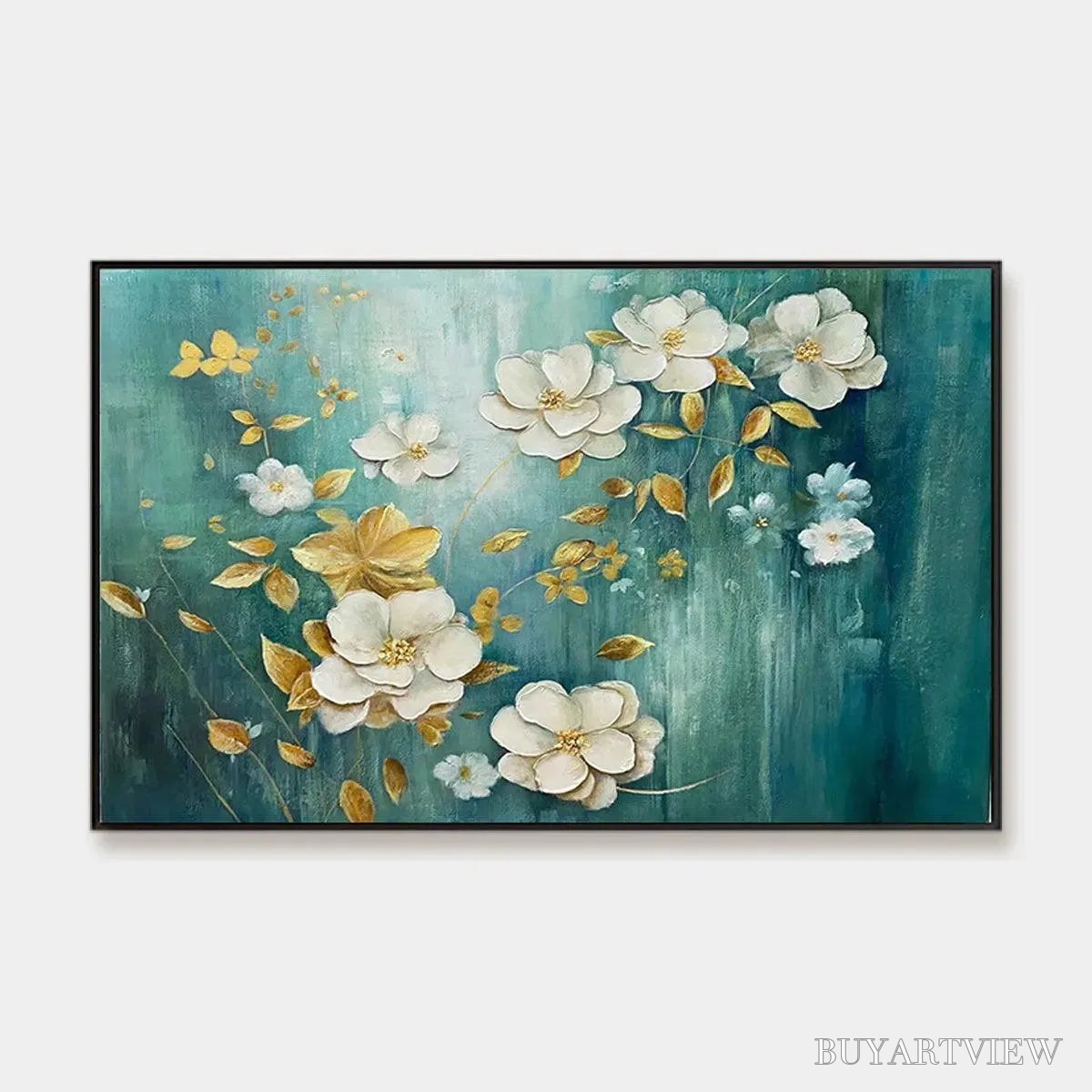 BUYARTVIEW Golden Garden – White and Gold Floral Painting, Teal Green Background , Horizontal Canvas, Impressionist Decor - image 1