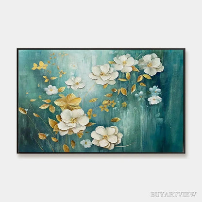 BUYARTVIEW Golden Garden – White and Gold Floral Painting, Teal Green Background , Horizontal Canvas, Impressionist Decor - image 1
