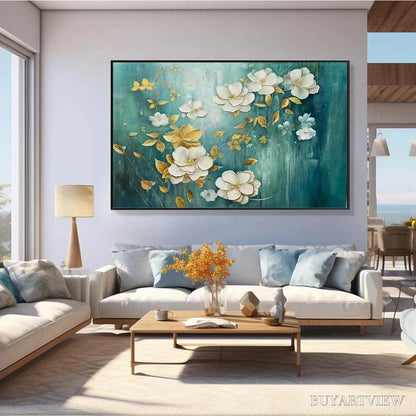 BUYARTVIEW Golden Garden – White and Gold Floral Painting, Teal Green Background , Horizontal Canvas, Impressionist Decor - image 2