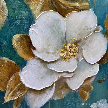 BUYARTVIEW Golden Garden – White and Gold Floral Painting, Teal Green Background , Horizontal Canvas, Impressionist Decor - image 3