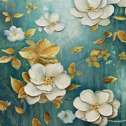 BUYARTVIEW Golden Garden – White and Gold Floral Painting, Teal Green Background , Horizontal Canvas, Impressionist Decor - image 4
