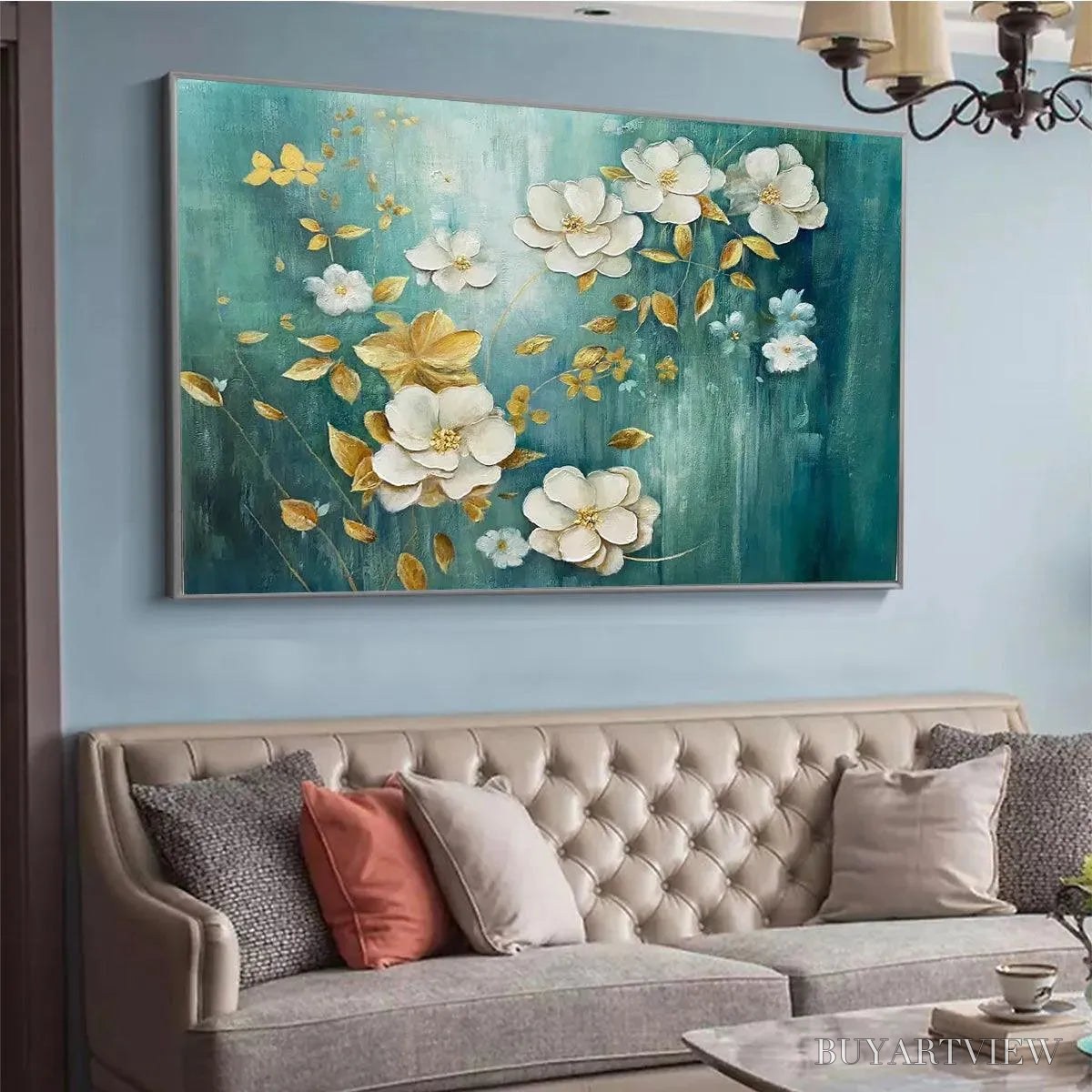 BUYARTVIEW Golden Garden – White and Gold Floral Painting, Teal Green Background , Horizontal Canvas, Impressionist Decor - image 5