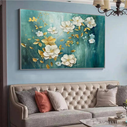 BUYARTVIEW Golden Garden – White and Gold Floral Painting, Teal Green Background , Horizontal Canvas, Impressionist Decor - image 5