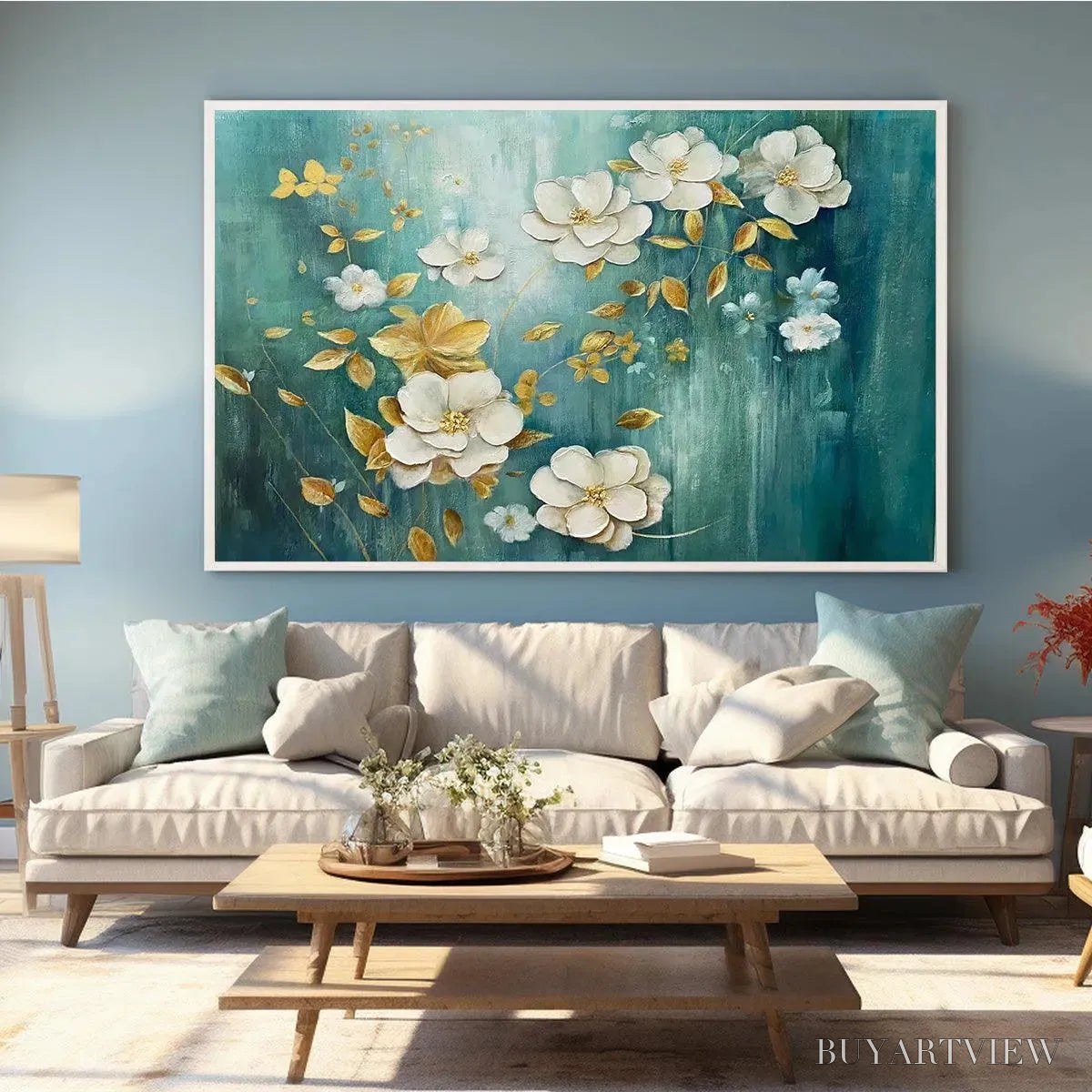 BUYARTVIEW Golden Garden – White and Gold Floral Painting, Teal Green Background , Horizontal Canvas, Impressionist Decor - image 6