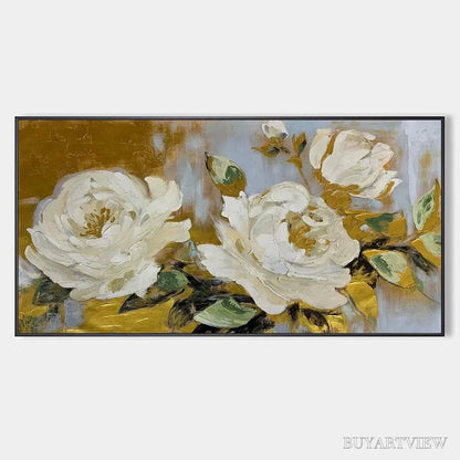 BUYARTVIEW Golden Whispers – White Floral Painting with Gold Accents, Panoramic Canvas, Elegant - image 1