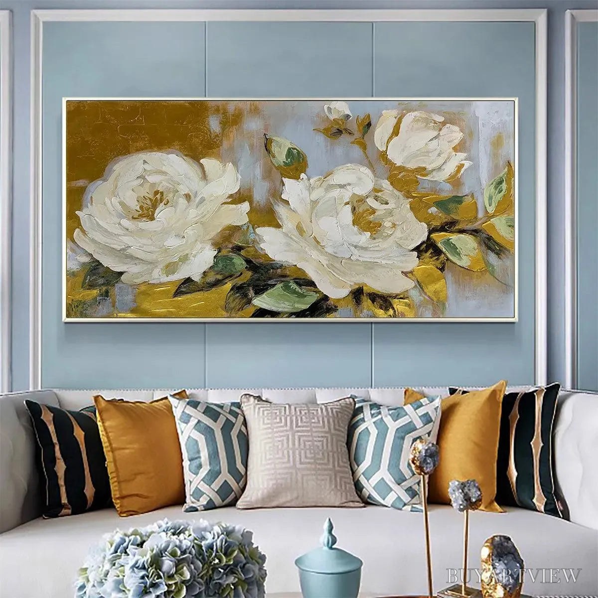 BUYARTVIEW Golden Whispers – White Floral Painting with Gold Accents, Panoramic Canvas, Elegant - image 2