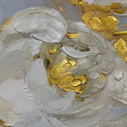 BUYARTVIEW Golden Whispers – White Floral Painting with Gold Accents, Panoramic Canvas, Elegant - image 3