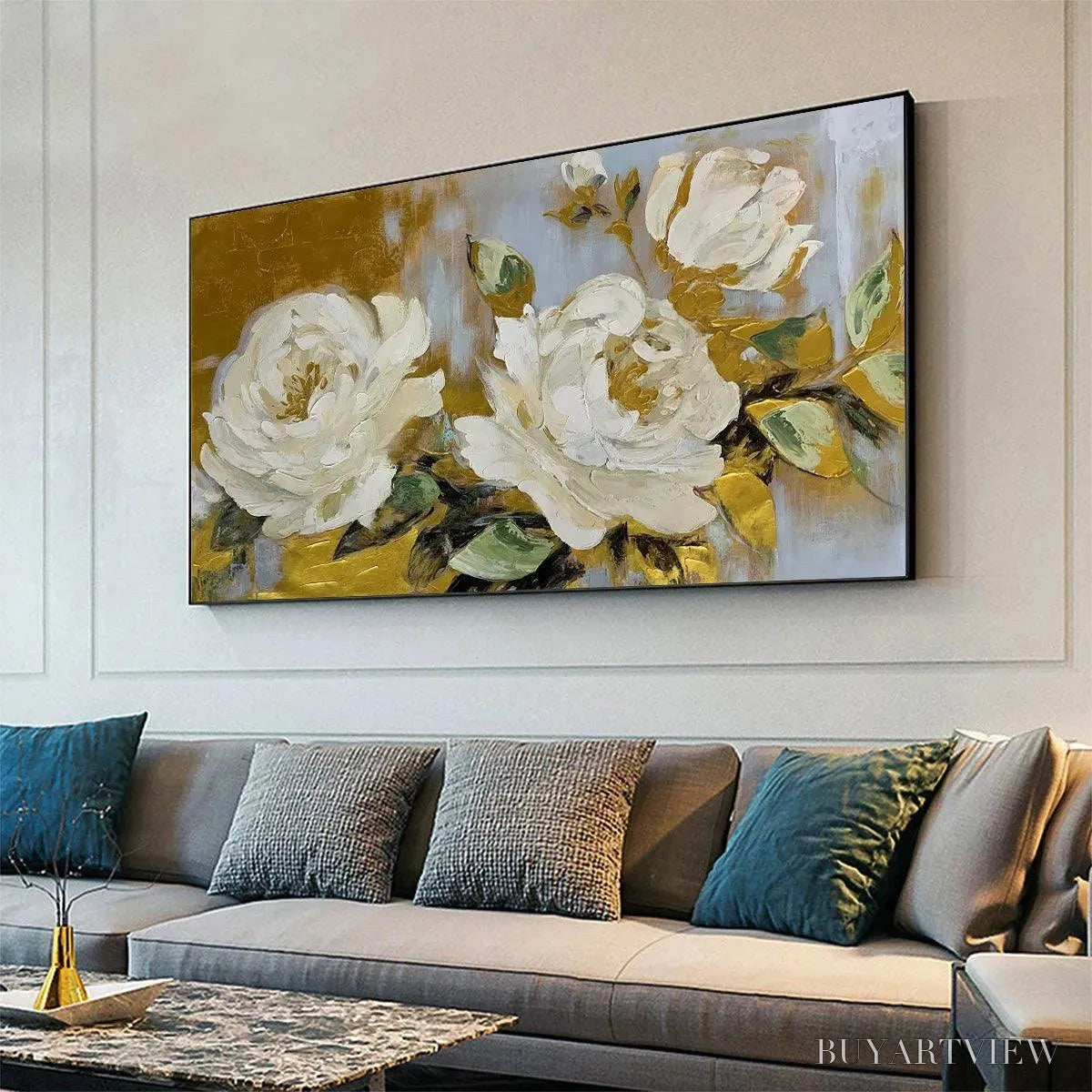 BUYARTVIEW Golden Whispers – White Floral Painting with Gold Accents, Panoramic Canvas, Elegant - image 4