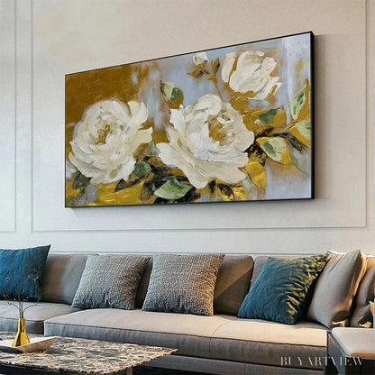 BUYARTVIEW Golden Whispers – White Floral Painting with Gold Accents, Panoramic Canvas, Elegant - image 4