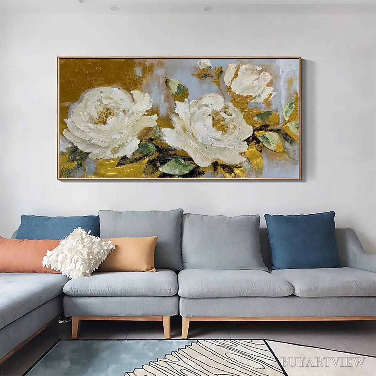 BUYARTVIEW Golden Whispers – White Floral Painting with Gold Accents, Panoramic Canvas, Elegant - image 5
