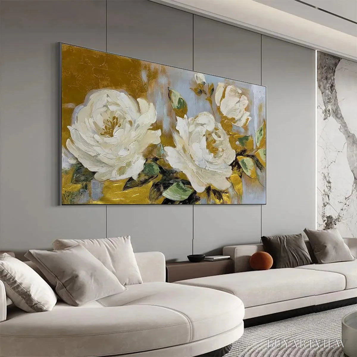 BUYARTVIEW Golden Whispers – White Floral Painting with Gold Accents, Panoramic Canvas, Elegant - image 6