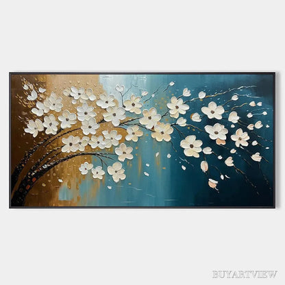 BUYARTVIEW Hand-Painted Floral Tree Oil Painting - Blue & Gold - image 1