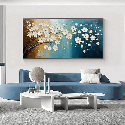 BUYARTVIEW Hand-Painted Floral Tree Oil Painting - Blue & Gold - image 2