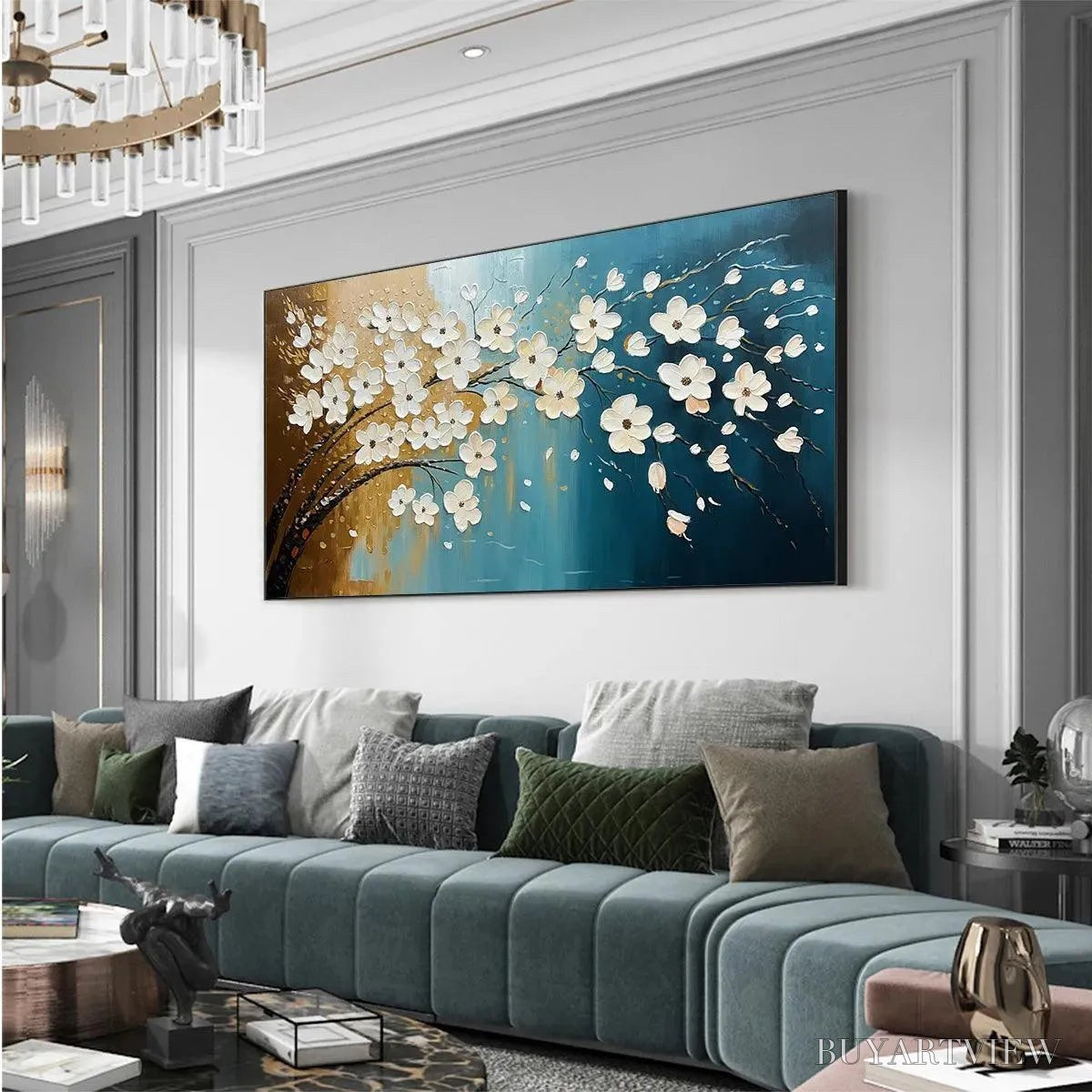 BUYARTVIEW Hand-Painted Floral Tree Oil Painting - Blue & Gold - image 4