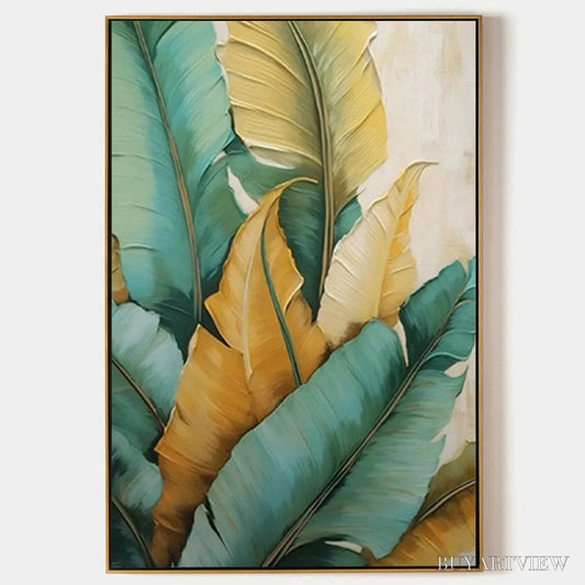 BUYARTVIEW Tropical Abundance – Textured Tropical Leaves Painting, Green and Gold , Vertical Canvas, Botanical Decor - image 1
