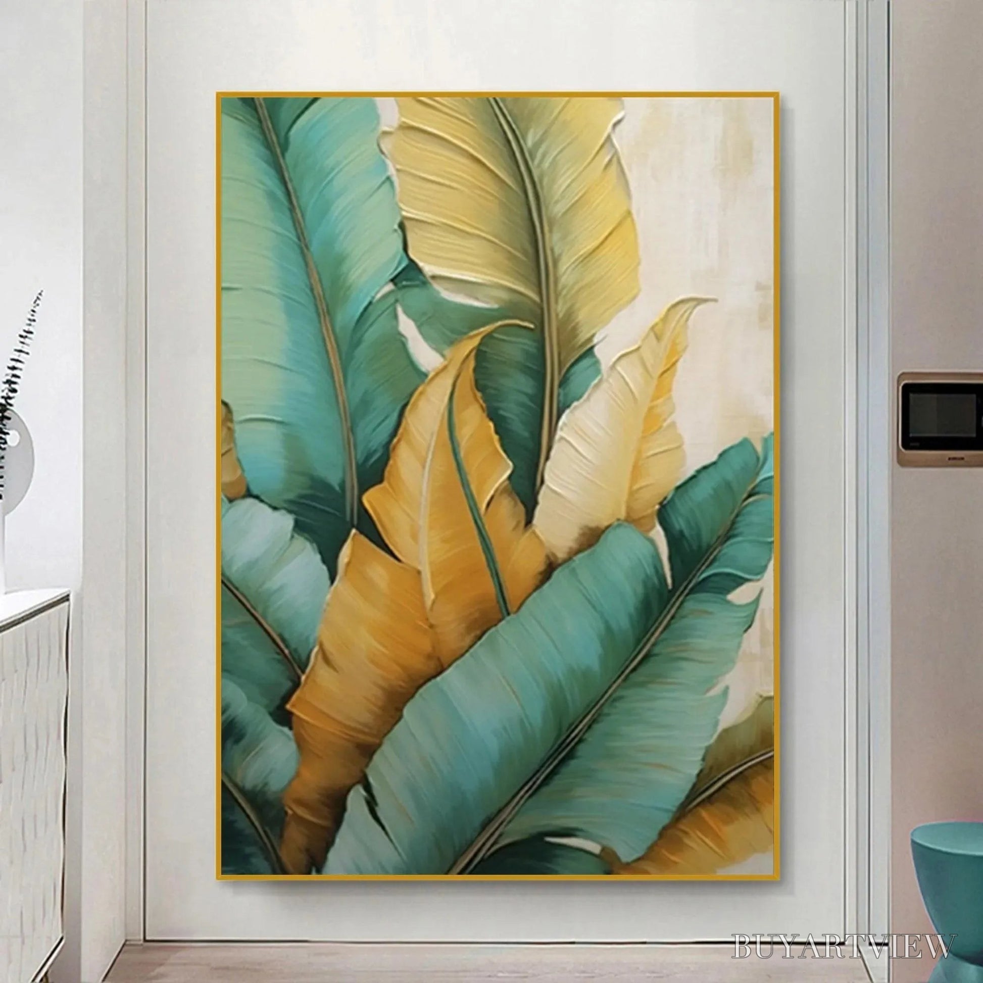 BUYARTVIEW Tropical Abundance – Textured Tropical Leaves Painting, Green and Gold , Vertical Canvas, Botanical Decor - image 2