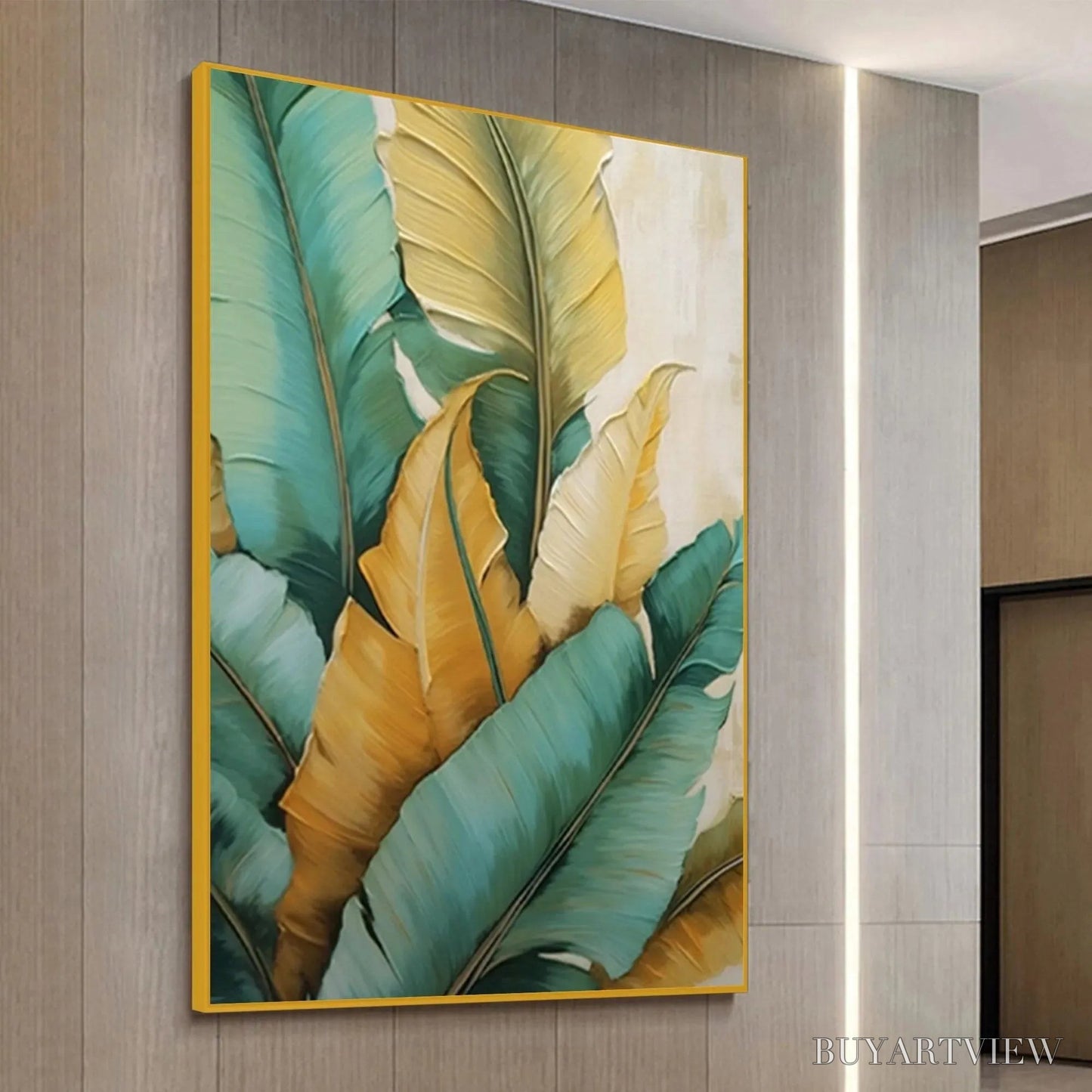 BUYARTVIEW Tropical Abundance – Textured Tropical Leaves Painting, Green and Gold , Vertical Canvas, Botanical Decor - image 4