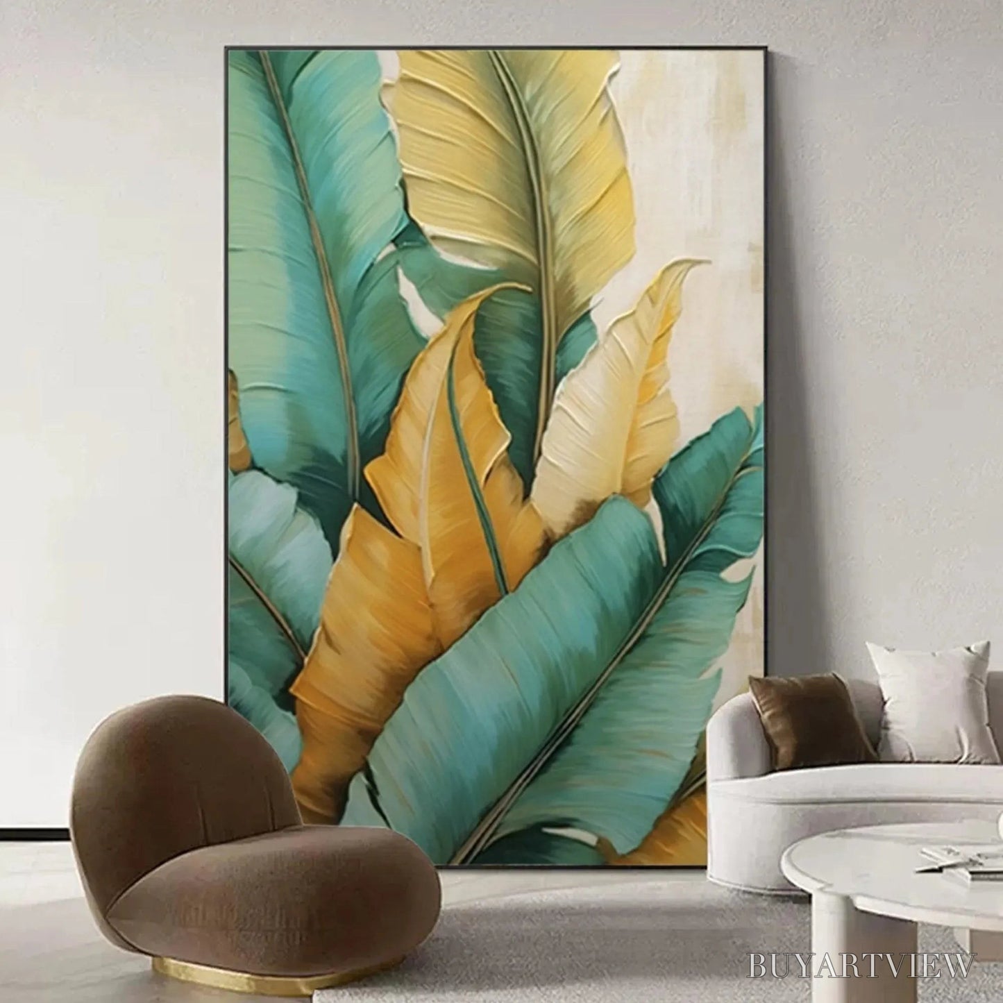 BUYARTVIEW Tropical Abundance – Textured Tropical Leaves Painting, Green and Gold , Vertical Canvas, Botanical Decor - image 6