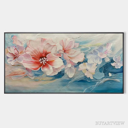 BUYARTVIEW Blushing Blooms – Panoramic Floral Painting in Pink and Blue, Modern Impressionist - image 1