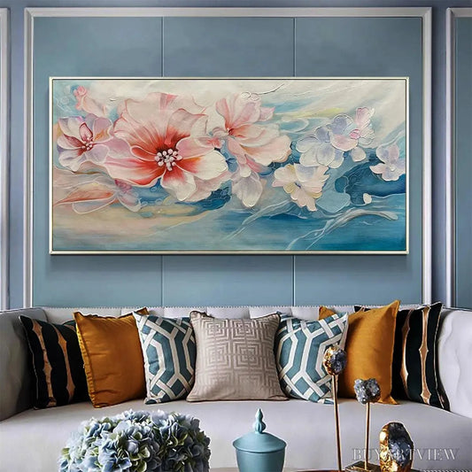 BUYARTVIEW Blushing Blooms – Panoramic Floral Painting in Pink and Blue, Modern Impressionist - image 2