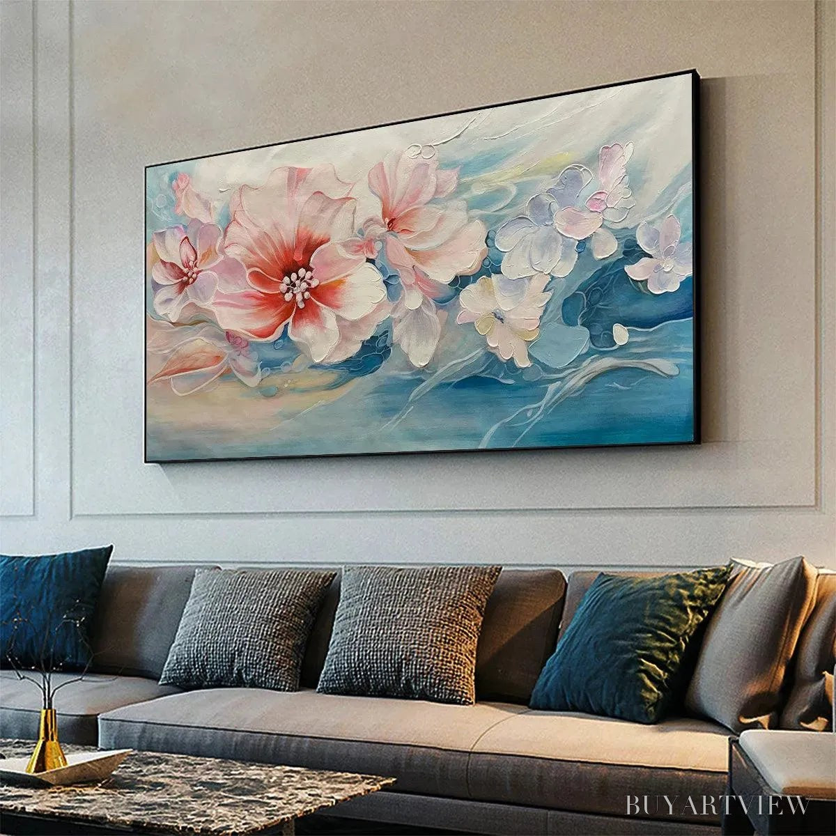 BUYARTVIEW Blushing Blooms – Panoramic Floral Painting in Pink and Blue, Modern Impressionist - image 4
