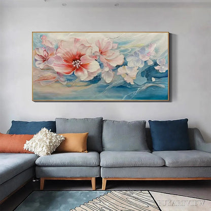 BUYARTVIEW Blushing Blooms – Panoramic Floral Painting in Pink and Blue, Modern Impressionist - image 5