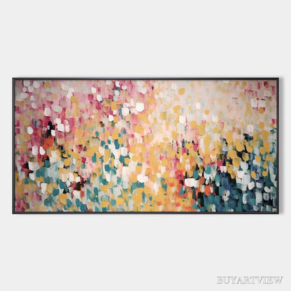 BUYARTVIEW Confetti Garden – Abstract Floral Painting in Pink, Yellow, and Teal, Panoramic Canvas, Modern - image 1