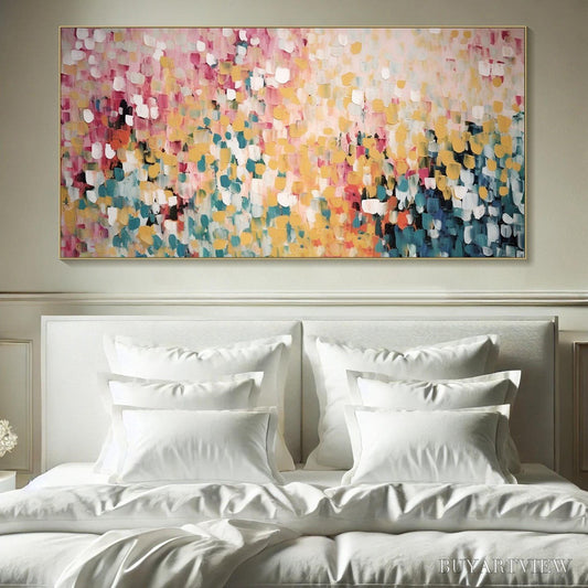 BUYARTVIEW Confetti Garden – Abstract Floral Painting in Pink, Yellow, and Teal, Panoramic Canvas, Modern - image 2