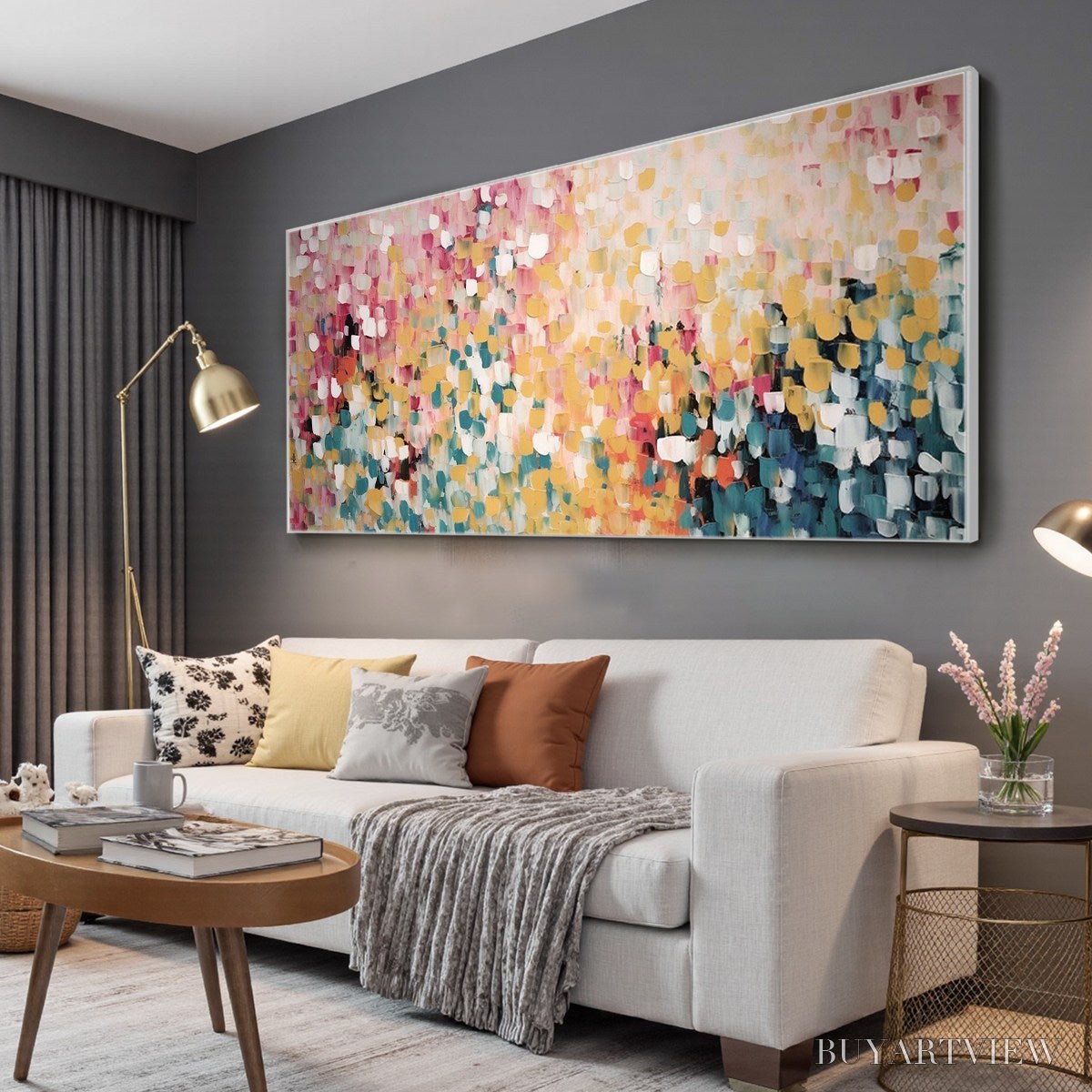 BUYARTVIEW Confetti Garden – Abstract Floral Painting in Pink, Yellow, and Teal, Panoramic Canvas, Modern - image 4