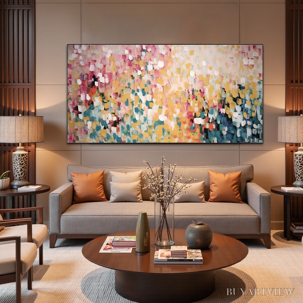 BUYARTVIEW Confetti Garden – Abstract Floral Painting in Pink, Yellow, and Teal, Panoramic Canvas, Modern - image 5
